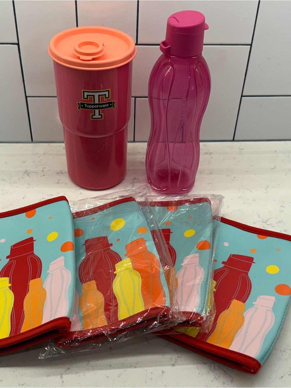 Tupperware Pink 500mL Water Bottle, Pink & Orange-Lid Tumbler, 4 Can Coolers